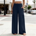thumbnail image 3 of Bloomae Women Flowy Palazzo Pants Summer Boho Bagyy Wide Leg Elastic High Smocked Waist Casual Loose Comfy Lounge Trousers with Pockets Dark Blue S, 3 of 7