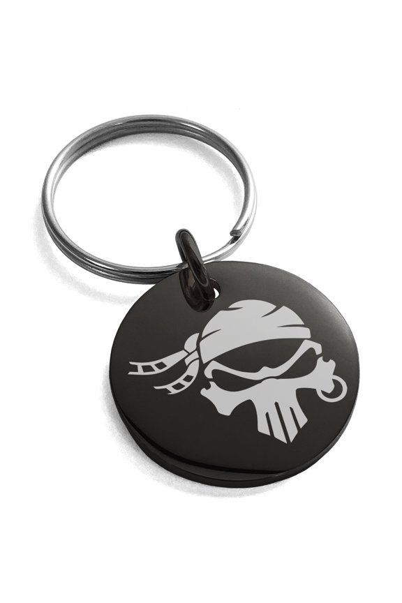 Stainless Steel Pirate Bandit Skull Engraved Small Medallion Circle Charm Keychain Keyring