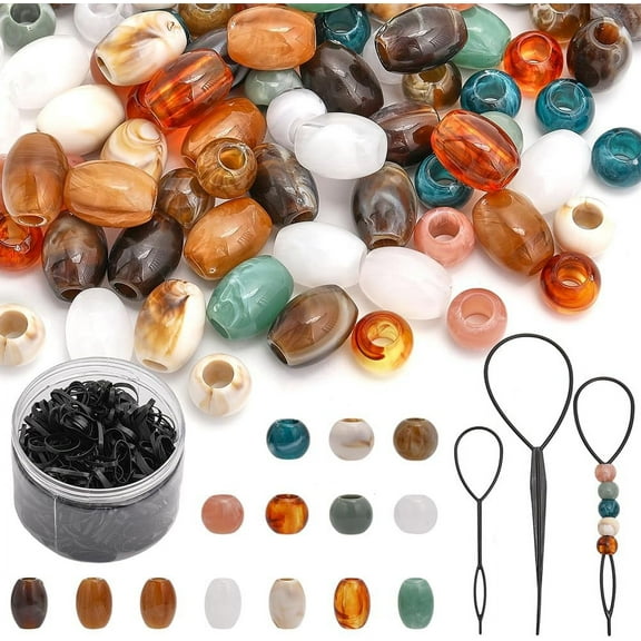 DIY 112Pcs African Hair Beads for Braids Jumbo Hair Styling Tool Kits Including Acrylic Beads Plastic Pin Bun Maker and 500Pcs Elastic Rubber Bands for Braiding Jewelry