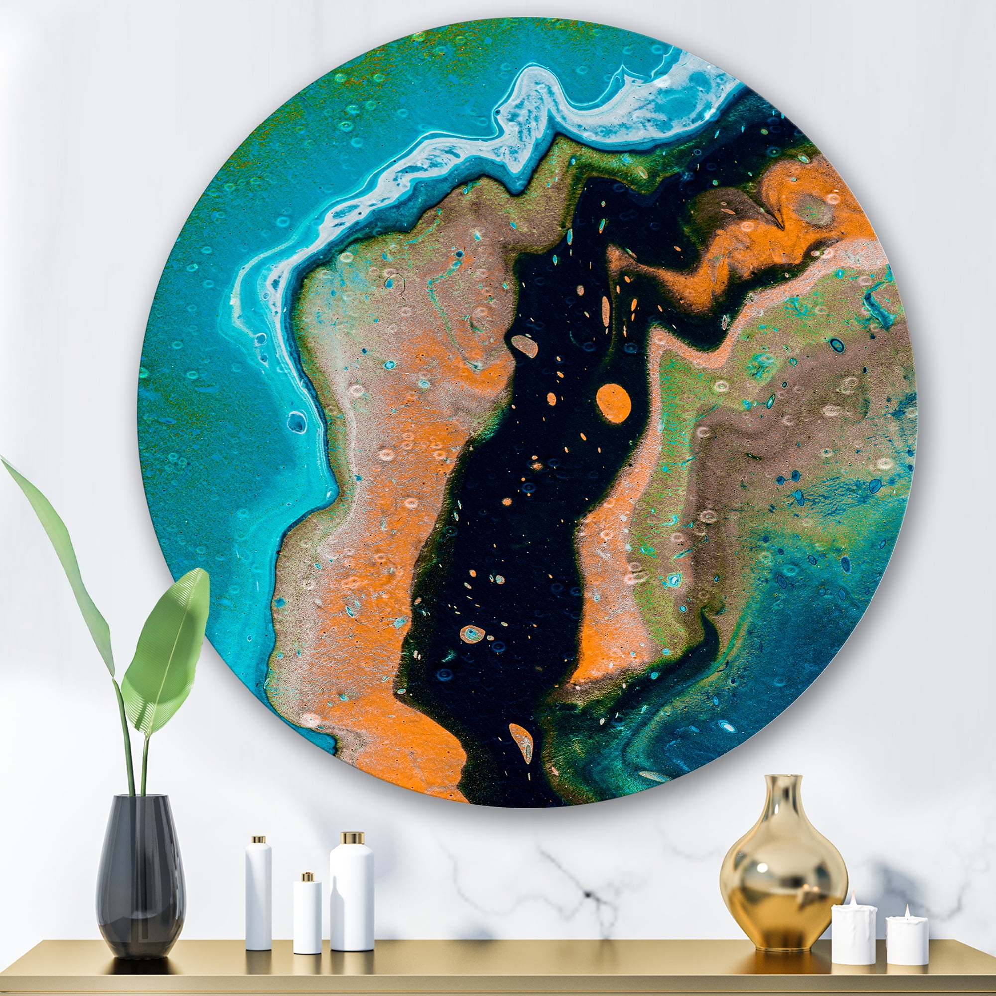 Designart 'Abstract Composition In Black and Orange' Modern Circle Metal Wall Art 36x36 - Disc of 36