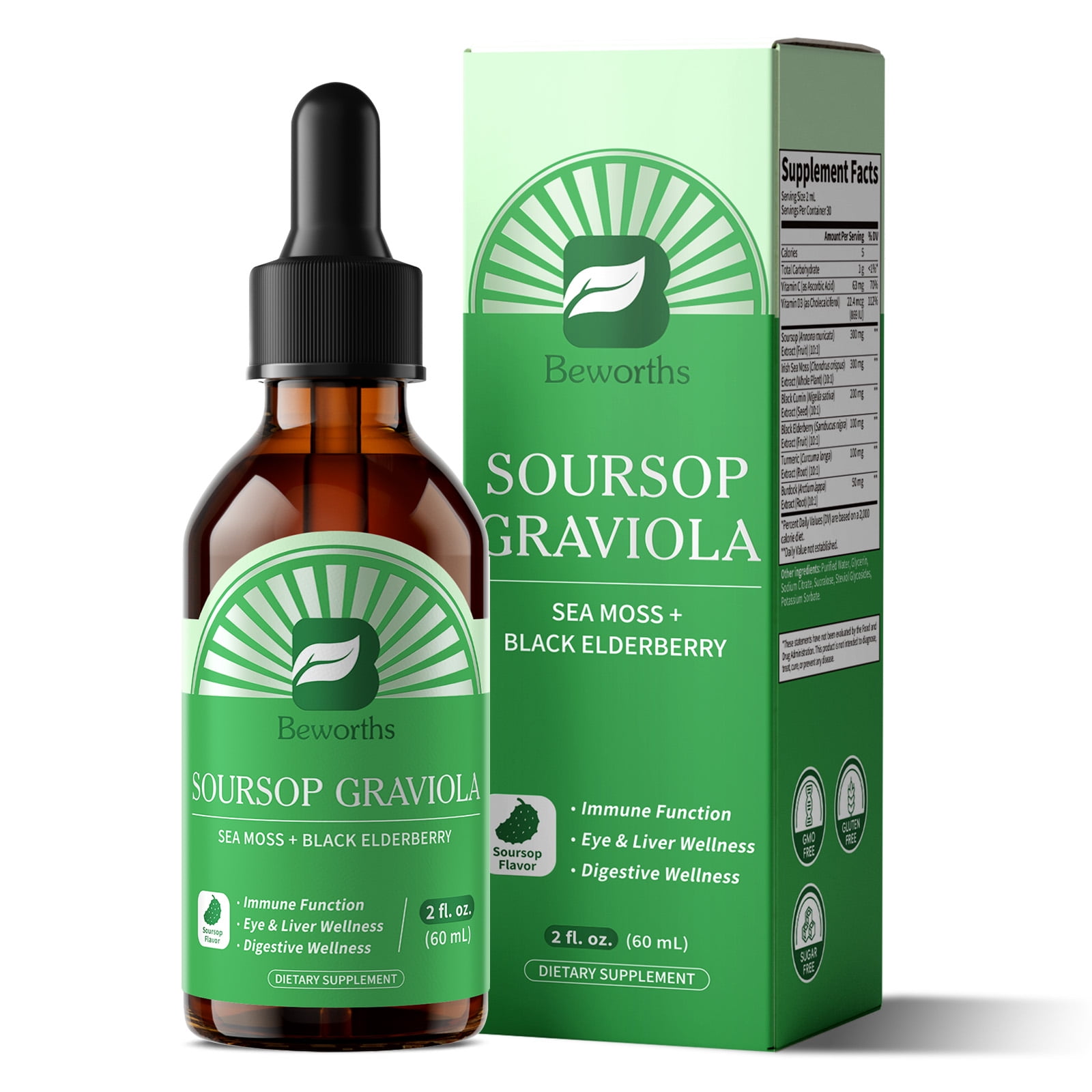 Soursop Bitter Liquid Drops,With Balckseed oil, Elderberry，Sea Moss,Soursop Graviola Guanabana Drop 2 Fl Oz