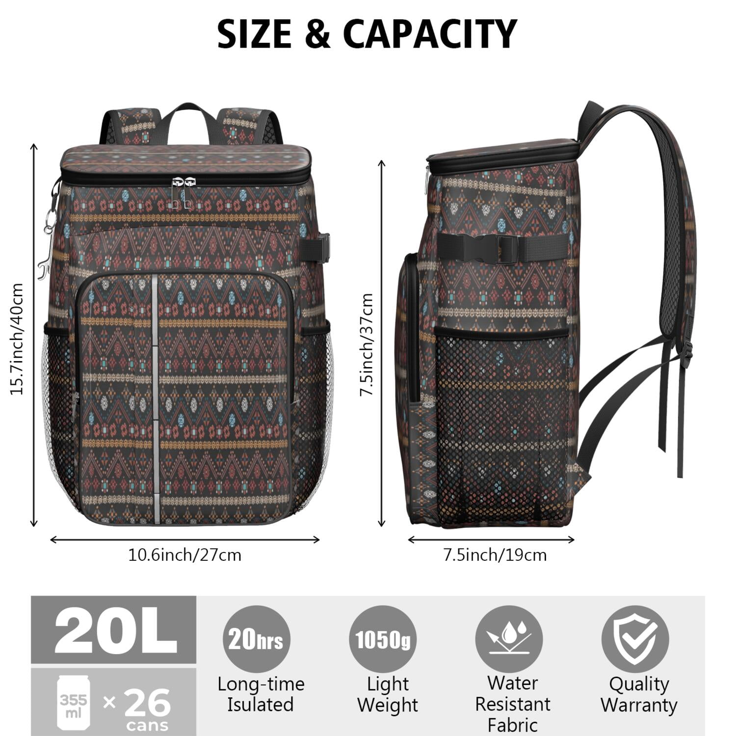 Travel Cooler Bag - Boho Bohemia Pioneer Flower Geometric Line Art Camping Beer Cooler Backpack with Bottle Opener- Waterproof Insulated Picnic Backpacks - Cooler Bag for Beach