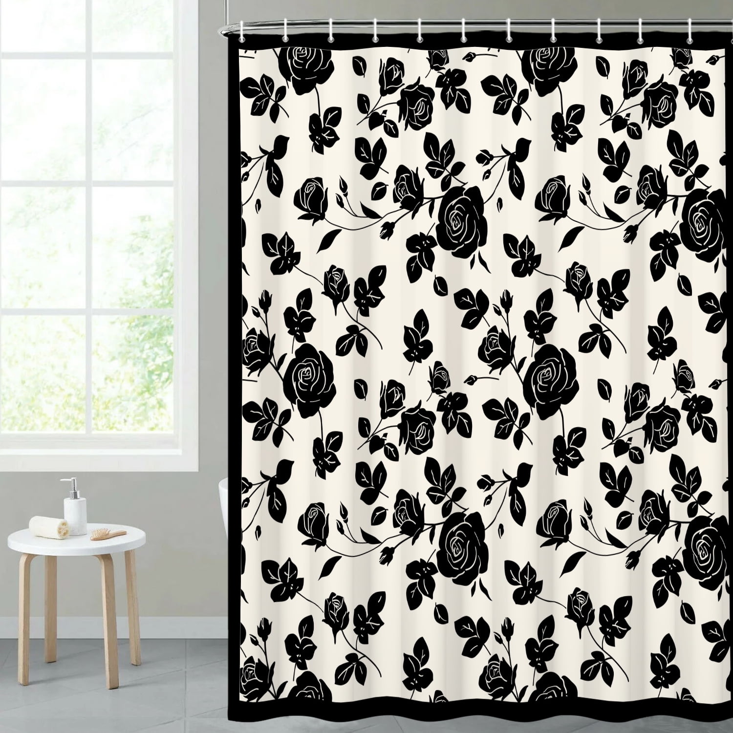 MIZHONA Black and White Floral Shower Curtain Vintage Rose Print Waterproof Fabric Bathroom Curtain 72x72 in