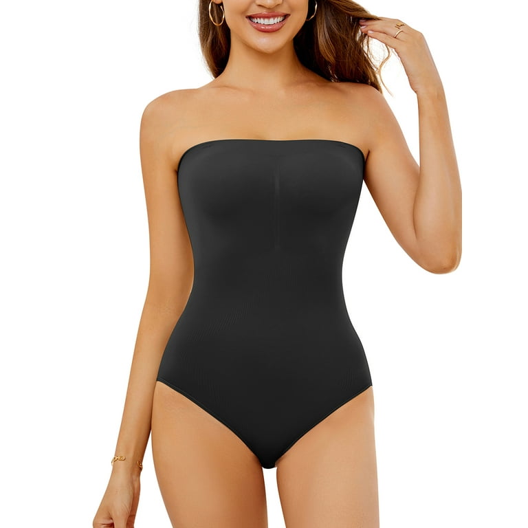 Women Strapless Bodysuit Ribbed One Piece Thong Shapewear Off