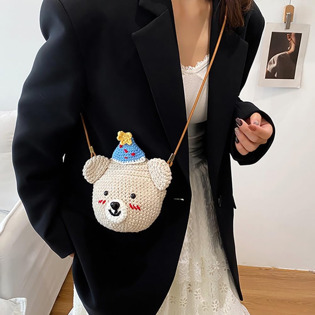 Baguery Handmade Crochet Party Hat Bear Crossbody Bag - Cute Knitted Animal Purse with Metal Frame, Mini Shoulder Bag for Women