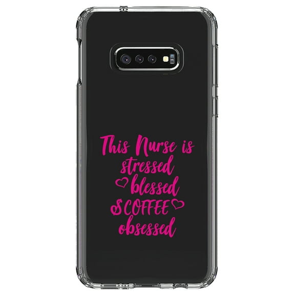 DistinctInk Clear Shockproof Hybrid Case for Samsung Galaxy S10e (5.8" Screen) - TPU Bumper Acrylic Back Tempered Glass Screen Protector - Nurse Is Stressed Blessed & Coffee Obsessed - Pink