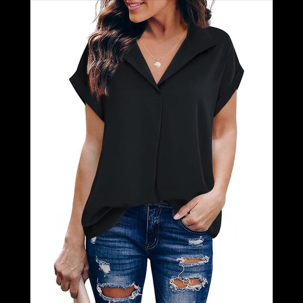 Blusa de Verano para Mujer, Corta, Elegante, Informal, con Cuello de Solapa, Color Liso, Color Color Sólido - Negro, Talla M