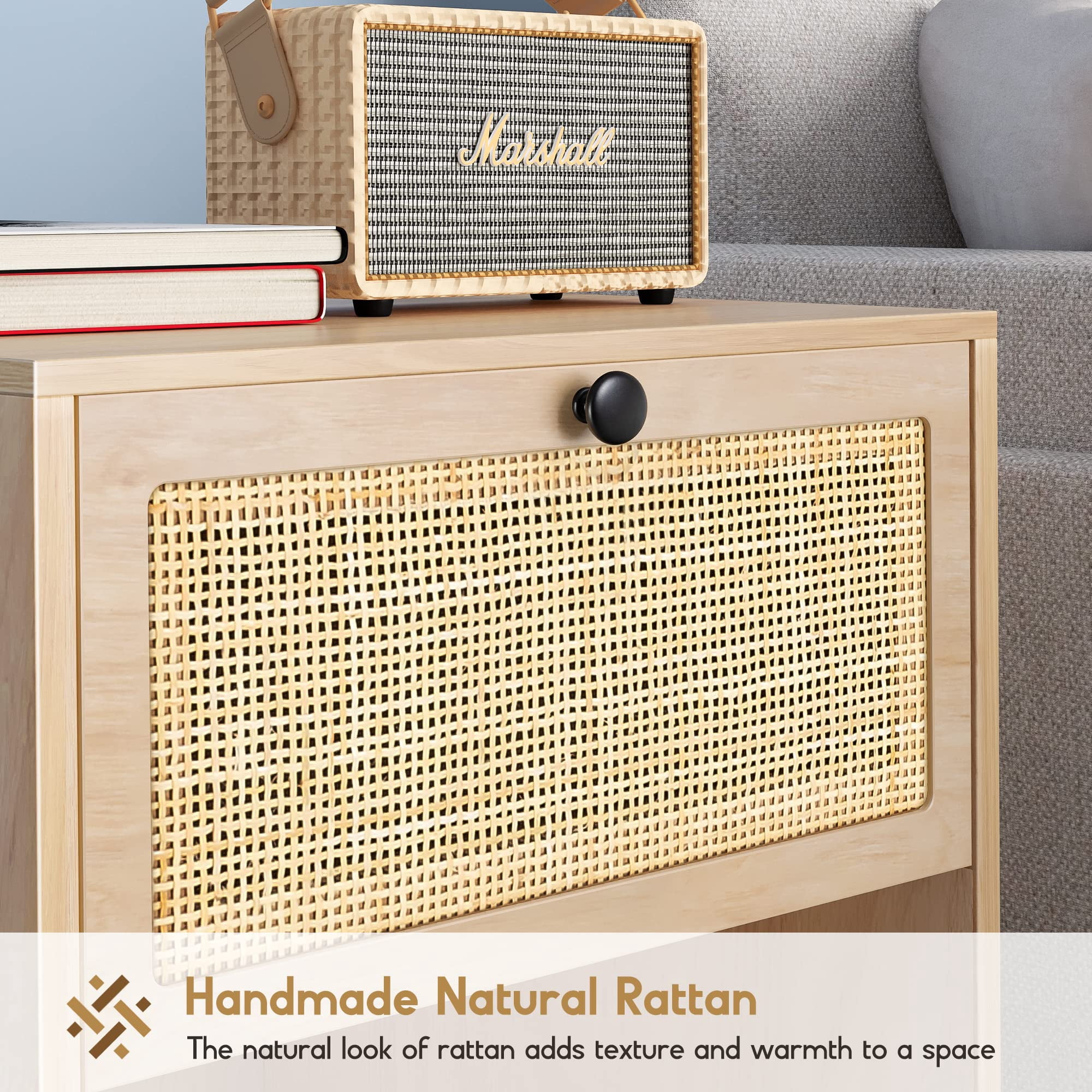 Brafabhome Rattan Nightstands with Drawer, Modern Bedside Tables with Open Storage Shelf for Bedroom, Accent Sofa End Table with Steel Legs for Living Room, Set of 2 | Nature