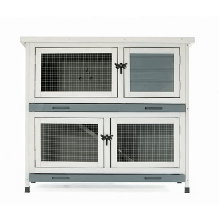 Seizeen 36 inch Rabbit Hutch, Two-layer Wooden Bunny House with Climbing Ladder, Plastic Pull-out Tray, Openable Roof and Lockable Door, Indoor Outdoor Pet Cage for Small Animals(Gray/White)