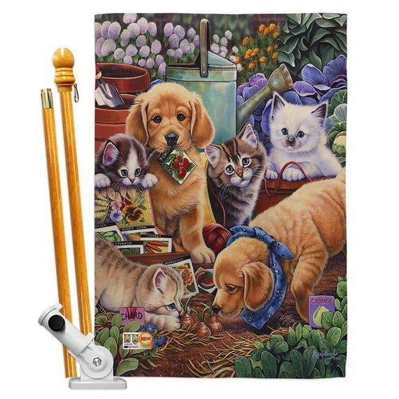 Breeze Decor BD-PT-HS-110045-IP-BO-D-US12-AL 28 x 40 in. Vertical Helpful Garden Paws Nature Pets Impressions Decorative Double Sided House Flag Set with Pole & Bracket Hardware