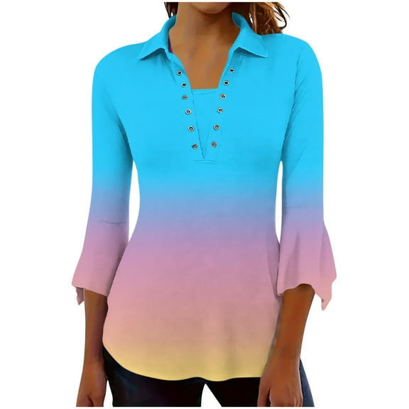 DeHolifer Women's Shirts Casual Gradient Color 3/4 Sleeve V-Neck Button Lapel Summer Loose Comfy Blouse Tops Sky Blue M