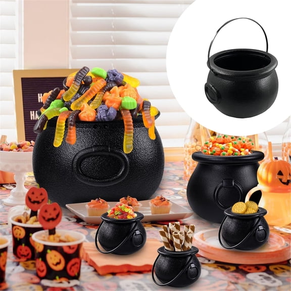 Medium Black Plastic Cauldron - 14cm Halloween Candy Bowl for Trick-or-Treat Parties