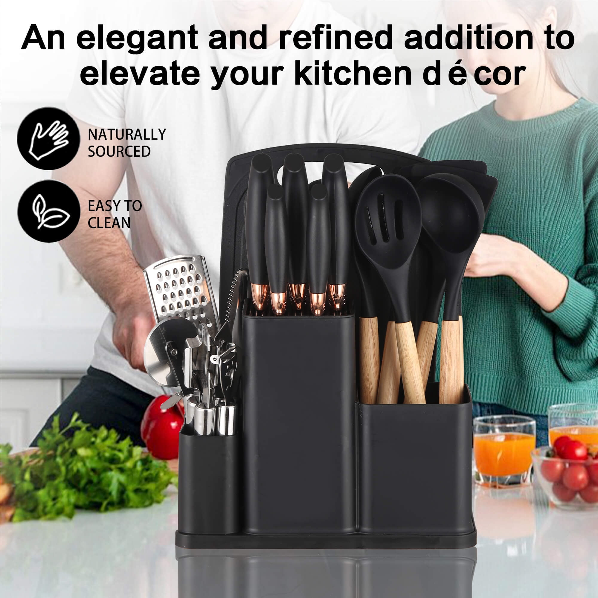 HEESEM 20 Pcs Silicone Stainless Steel Cooking Utensils Set -Multifunctional Kitchen Utensil Set - Black