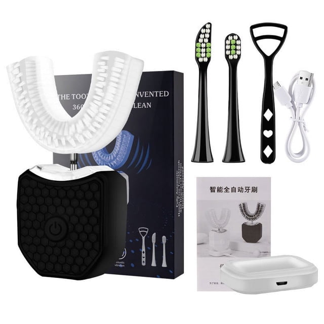 Cepillos de dientes eléctricos para adultos, forma de U, blanqueamiento con luz fría, vibración acústica de alta frecuencia, 4 cabezales, 3 velocidades para una limpieza rápida del sarro.