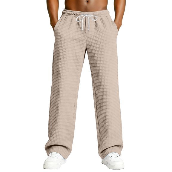 Dresfit Wide Leg Pants for Men Lounge Baggy Sweatpants Spring Textured Waffle Knit Drawstring Joggers Sumemr Knitted Relaxed Fit Loose Pant with Pockets Khaki 3XL
