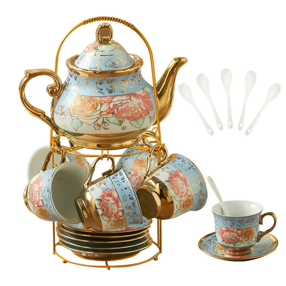 Elegant Gold-Trimmed Porcelain Tea Set with Iron Stand — Floral Pattern Design, Dishwasher Safe, Multi-Functional for Tea, Coffee & More, Perfect for Afternoon Tea and Gifting