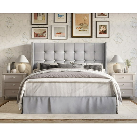 HMD Wilie Twin Tufted Upholstered Platform Bed, Silver Gray