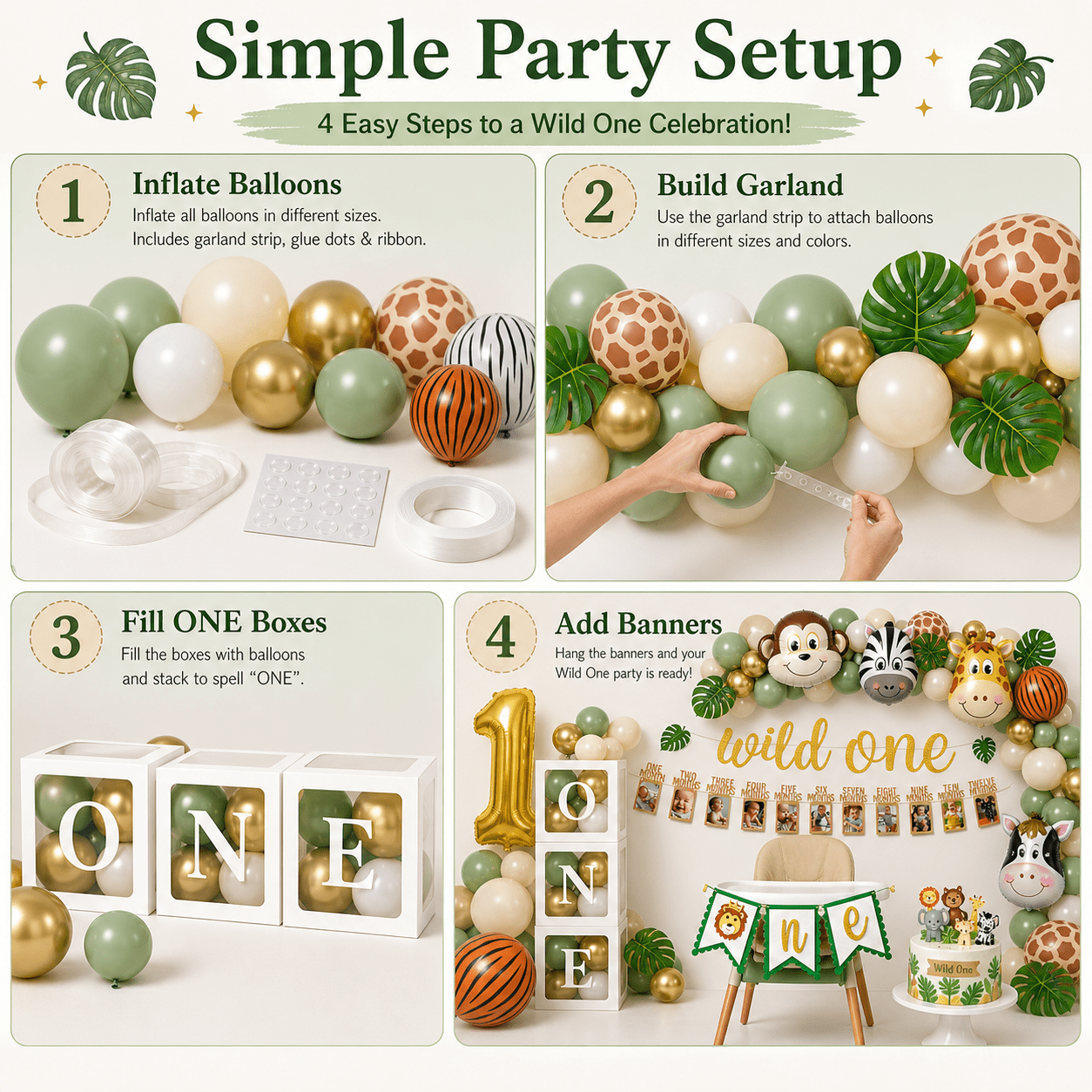 Wild One Birthday Decorations, 1st Birthday Decorations for Boy or Girl, Photo Banner, Balloon Box, Balloons Garland, High Chair Banner, Jungle Theme Safari Party Backdrop for Boys & Girls