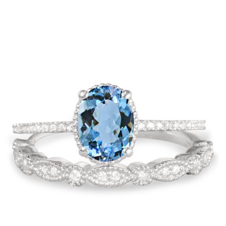 Art Deco 1.50 Carat Oval Cut Aquamarine and Moissanite Wedding Ring Set in 18k White Gold over Silver