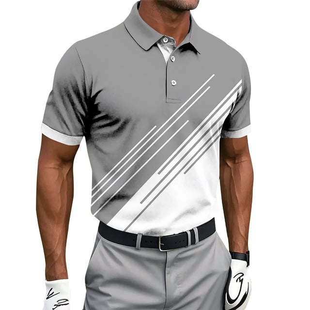 Men Long Sleeve Golf Shirts Colorblock 3D Geometry Printed Business Casual Work Athletic Button Collared T-Shirts