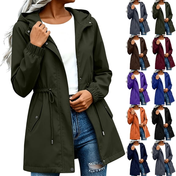 Sawvnm Women Solid Color Rain Jacket Outdoor Hooded Windproof Loose With Pocket Coat Army Green 2XL
