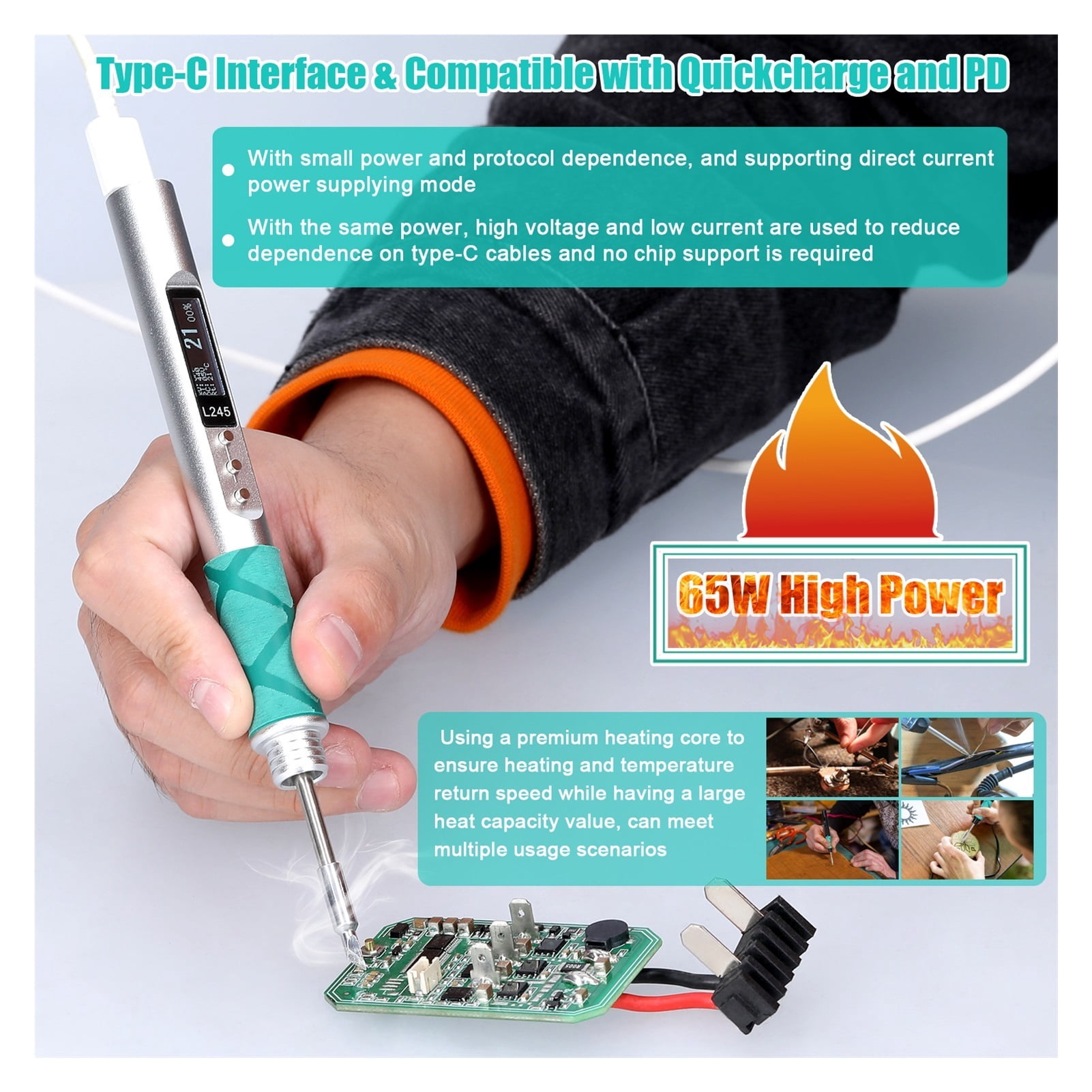 Welding Equipment,Smart Electric Soldering Iron ,65W Type-C DC+PD Dual Power Supplying Temperature Adjustment Portable Soldering Station ,Portable