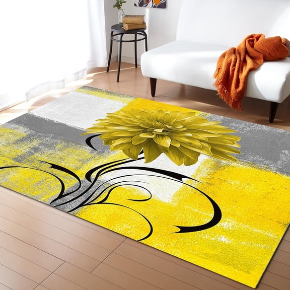 Modern Yellow Dahlia Area Rug,Vintage Yellow Gray Geometric Living Room Carpet, Pet Friendly Absorbent Bedside Rug, Durable Non-Slip Home Decor Rugs For Nursery Bedroom 1x2ft