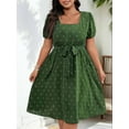 thumbnail image 4 of Women'S Plus Size Elegant Retro Polka Dot Waist Tie Square Neck Swing Dress Green XXXL, 4 of 7