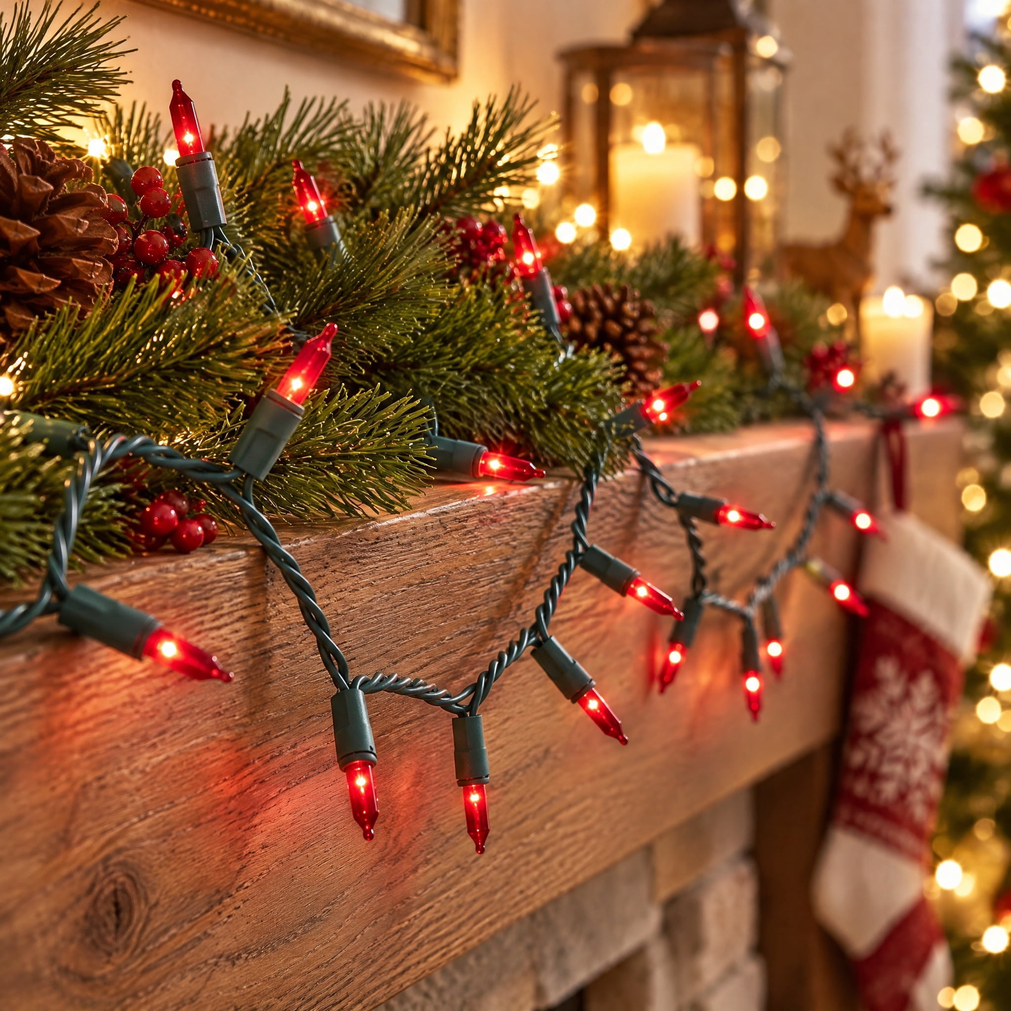 Indoor/Outdoor 100-Count LED Mini Christmas String Lights, Red, Green Wire, 19.5', by Holiday Time