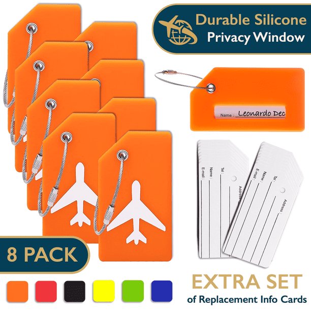 Etiquetas de Equipaje de Silicona ComfiTime Aprobadas por la TSA Color Naranja con Cubierta de Privacidad y Presilla de Acero Inoxidable Bolsa de 8