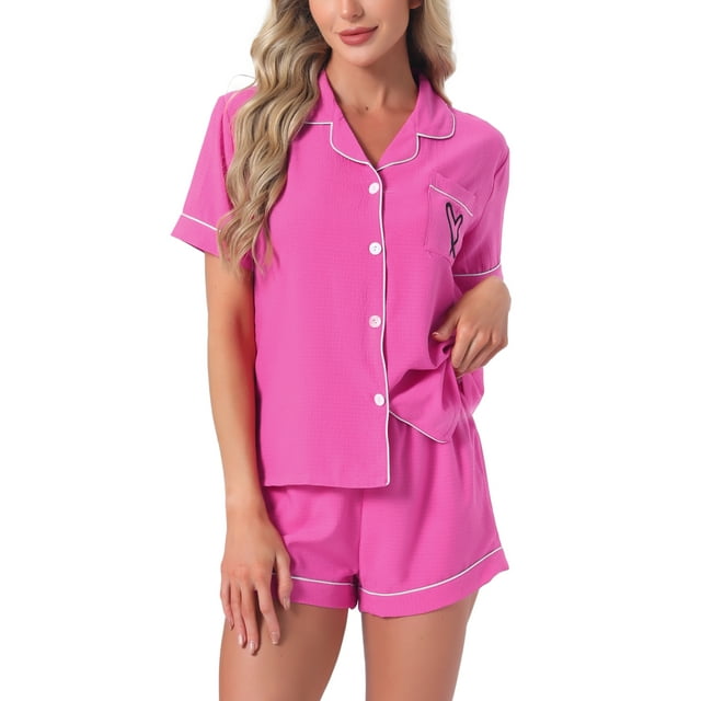Conjunto de pijama para mujer INSPIRE CHIC con estampado de corazones, ropa de dormir linda, camisa de botones de manga corta con pantalones cortos, conjuntos de lounge L color rosa intenso