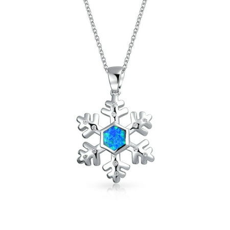 Rhodium Snowflake Pendant - Synthetic Blue Opal Snowflake Pendant Rhodium Plated Necklace 18 Inches