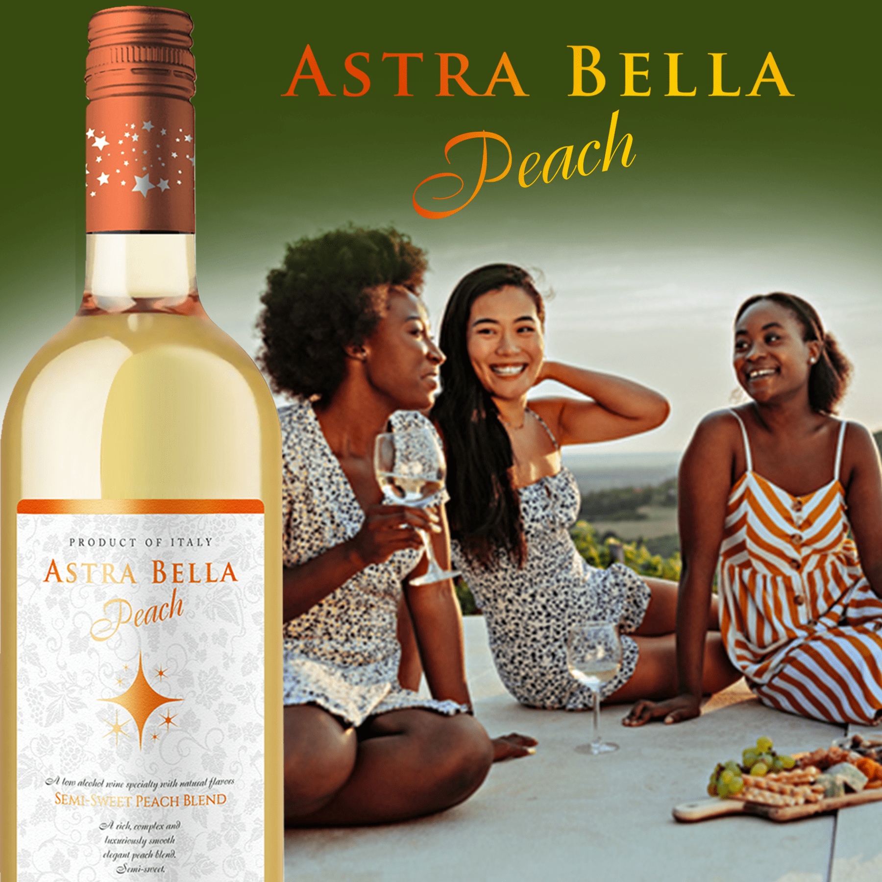 Astra Bella Semi-Sweet Peach, Italian Blend 750 ml Glass Bottle, 5.5% ABV
