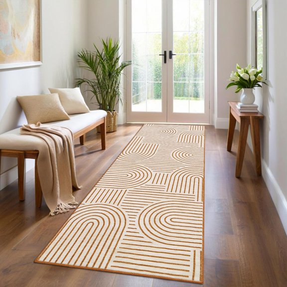 Abstract Lines 2x6 Runner Rug, Washable Non Slip Kitchen Rug, Modern Long Bedside Rug Non Shedding Stain Resistant for Entryway Bedroom Porch, Orange