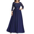 thumbnail image 2 of Womens Elegant Evening Dress Solid Crew Neck Lace Patchwork 3/4 Sleeves Dress Flowy Swing Cocktail Party Gown Dress Plus Size(S,Blue), 2 of 6