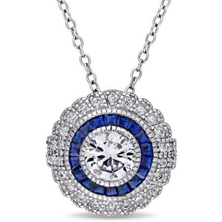 Tangelo 3-1/5 Carat T.G.W. Created Blue Spinel and Cubic Zirconia Sterling Silver Vintage Halo Pendant, 18
