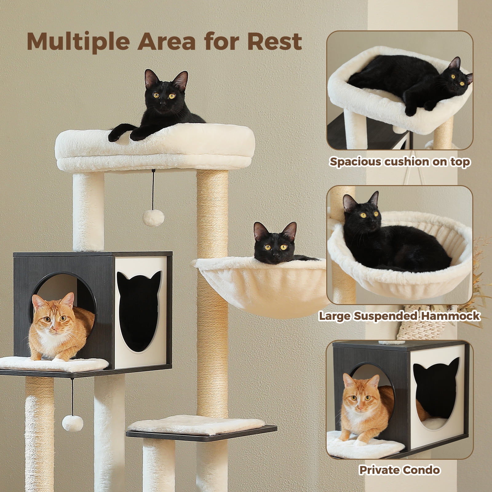 Pefilos 57" Modern Wood Cat Tree for Indoor with Litter Box Enclosure and Cat Condo, Large Cat Tree Tower with Sisal Covered Scratching Post, Black
