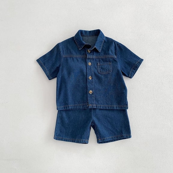2-Piece Summer Toddler Denim Set Short Sleeve Jeans Shorts Navy Soft Breathable Lightweight Stretchy Two Piece Set Size 3-4 Y