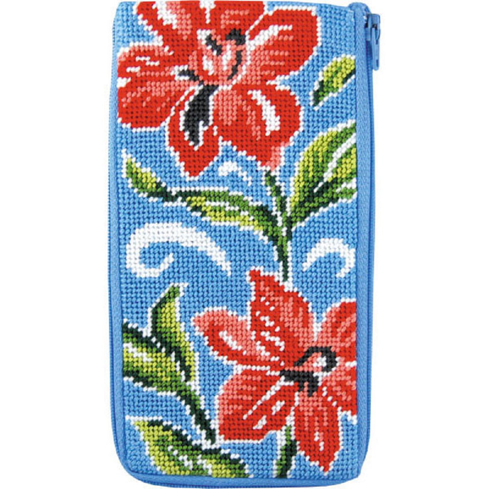 Stitch & Zip Needlepoint Eyeglass Case-SZ472 Red Floral / Nylon zipper & fabric back Cotton embroidery thread 3.5 X 7 finished size. USA Warehouse needle & instructions 14-mesh cotton canvas 