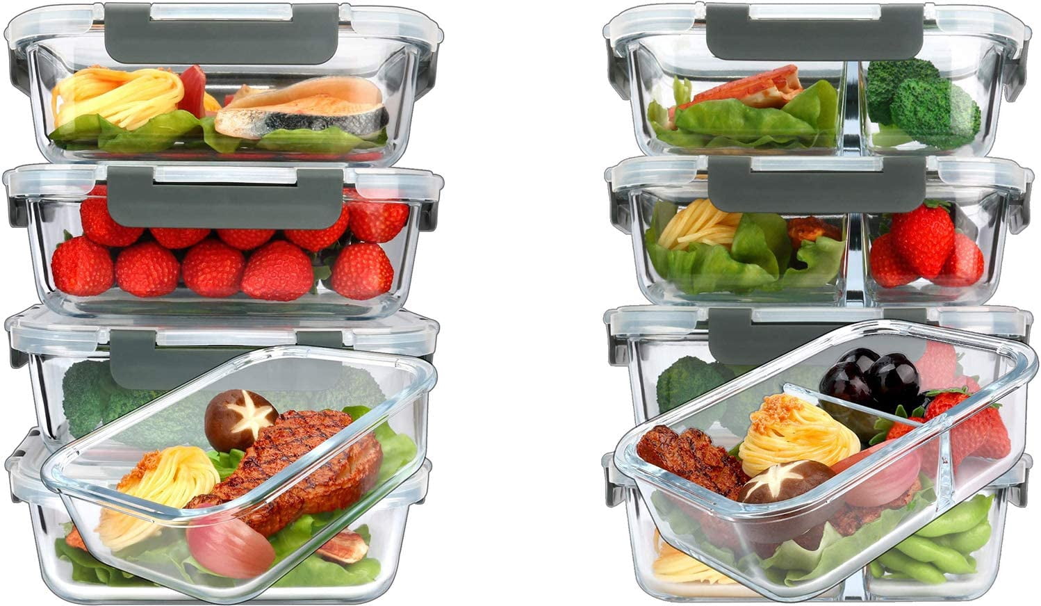TAIMASI 16 Pcs Glass Food Storage Containers Set 36oz Large Meal Prep Leak Proof Snap Lock Lids Airtight Bento lunch Boxes Black