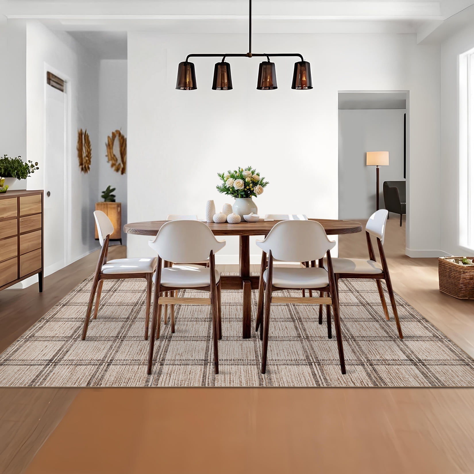 Garvee 10'x13' Area Rug Modern Striped Geometric Carpet, Washsble Plaid Rug Non Slip Stain Resistant Indoor Floor Mats for Living Room Bedroom Dining Room, Camel