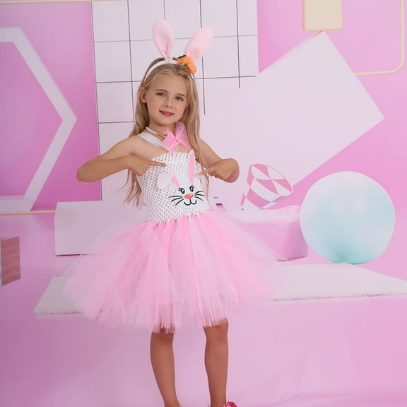 Toddlers Dresses Kids Girls Easter Outfit Bunny Holiday Party Tutu Dress and Rabbit Ears Headband Tails Dress Up Girl Party Dress Kids 3-4 Years