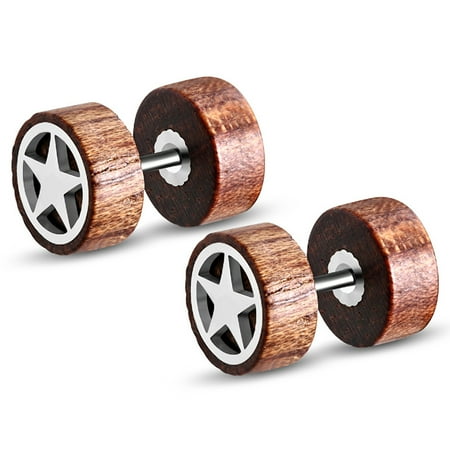 - Organic Tamarind Wood Full All Star Round Circle Stainless Steel Faux Fake Cheater Ear Plugs Gauge, Pair