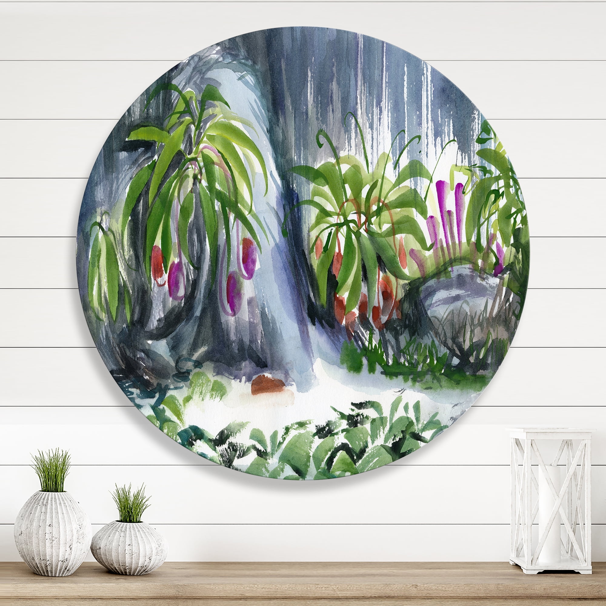 Designart 'Abstract Tropical Plants Oasis' Farmhouse Circle Metal Wall Art 23x23 - Disc of 23