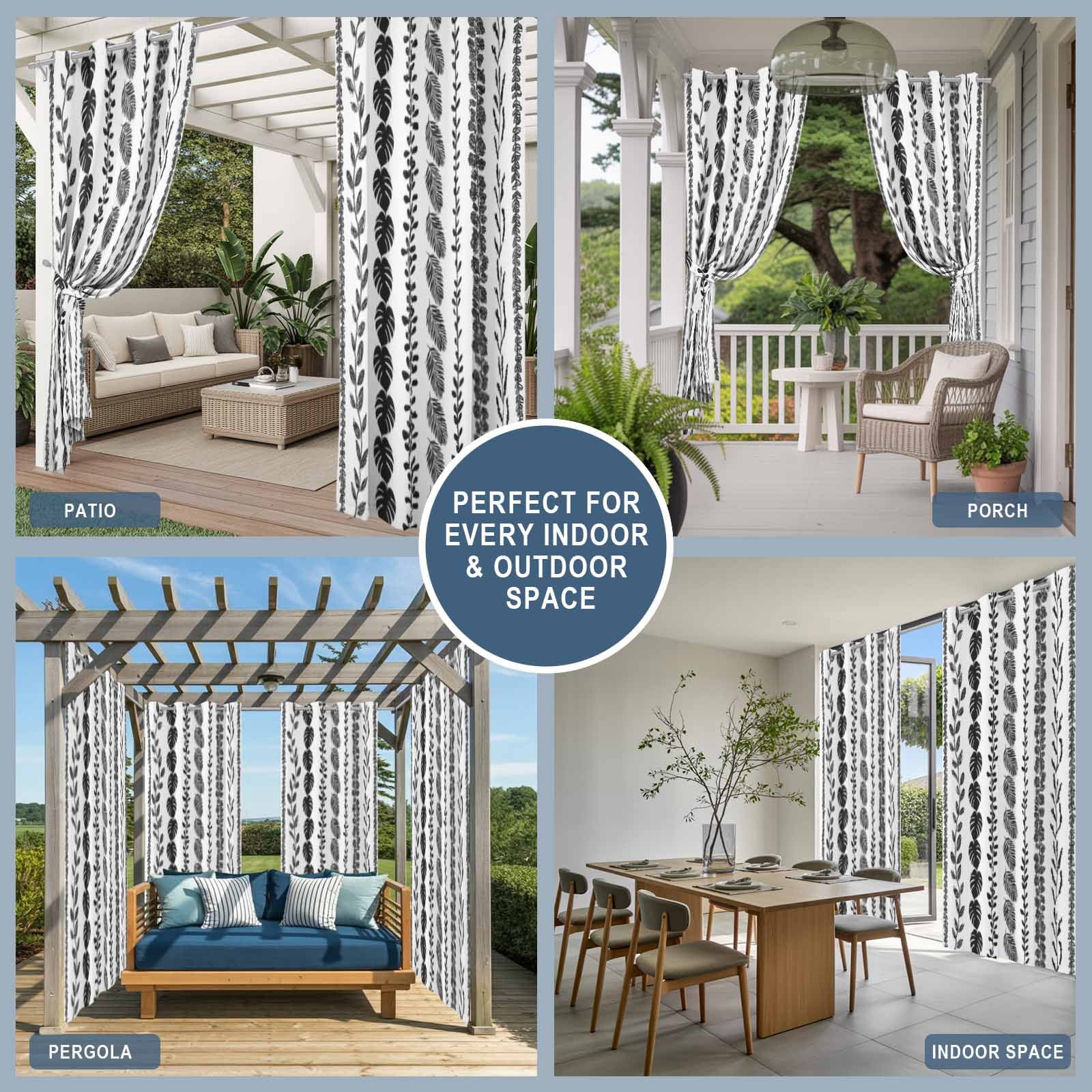 Black Leaf Striped Outdoor Curtains for Patio, Summer Botanical Vertical Natural Stripes Sunshade Privacy Drapes Grommet Waterproof Outside Curtains for Porch/Cabana/Balcony 54"x 108", 1 Panel