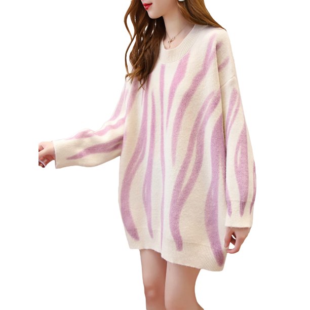 VISgogo Suéter de otoño para mujer, a rayas, cuello redondo, manga larga, tejido, largo, suelto, suéter, tops para niñas, 6 colores VISgogo moda