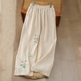 thumbnail image 3 of Cotton Linen Pants for Women 2026 Spring Summer Loose Elastic Waist Wide Leg Flower Embroidery Beach Pants with Pockets, 3 of 5