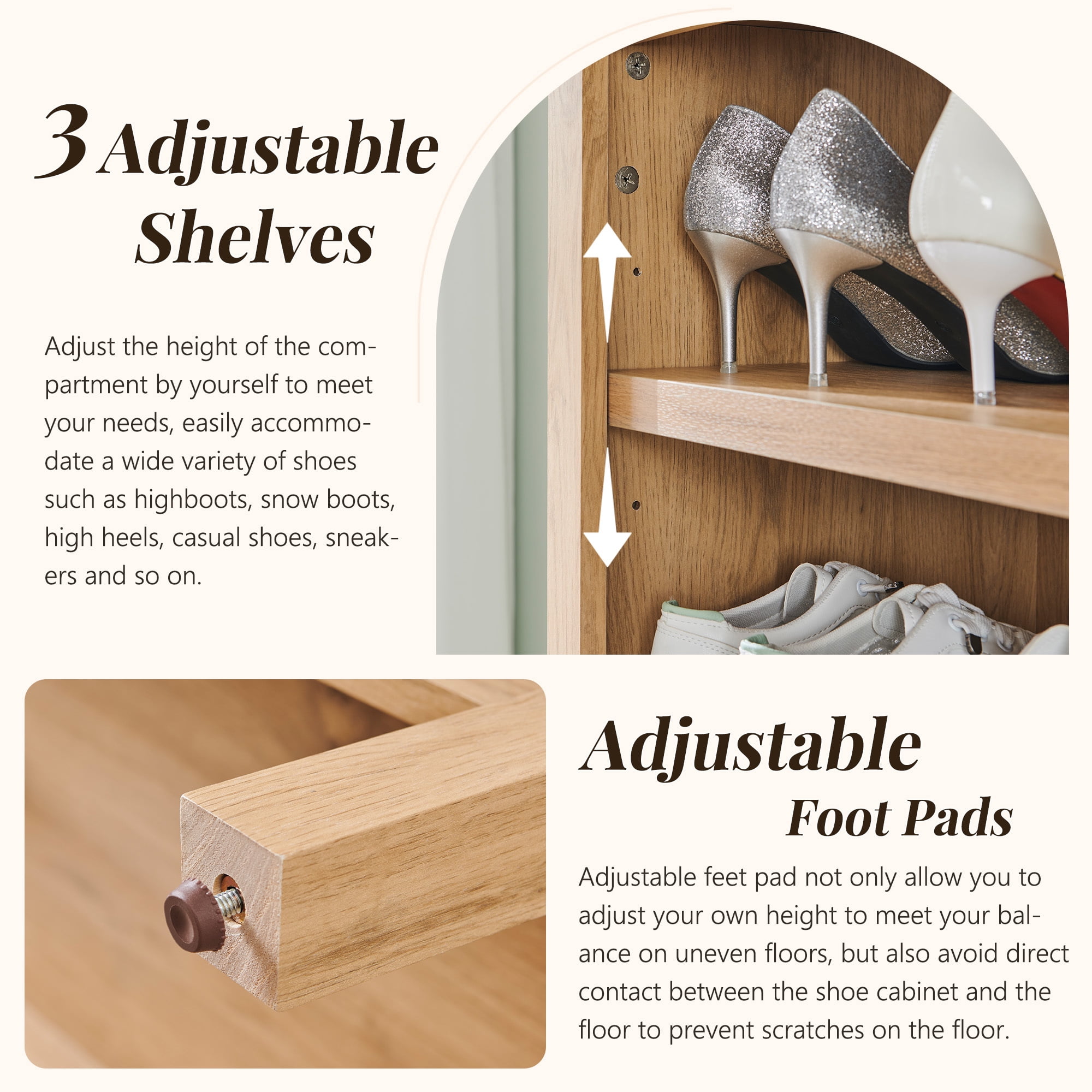 SinCiDo 71" Arched Shoe Storage Cabinet, Wooden Shoe Organizer Rack for 28 Pairs, 7 Tier, 3 Adjustable Shelves