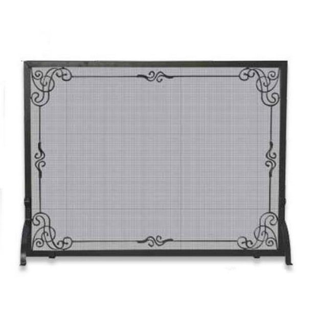 Single Panel Wrought Iron Screen In Black with Decorative Scroll