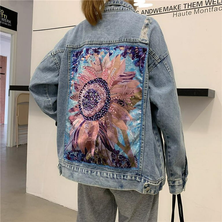 Oversized Floral Embroidery with Bead Detail Ripped Blue Denim